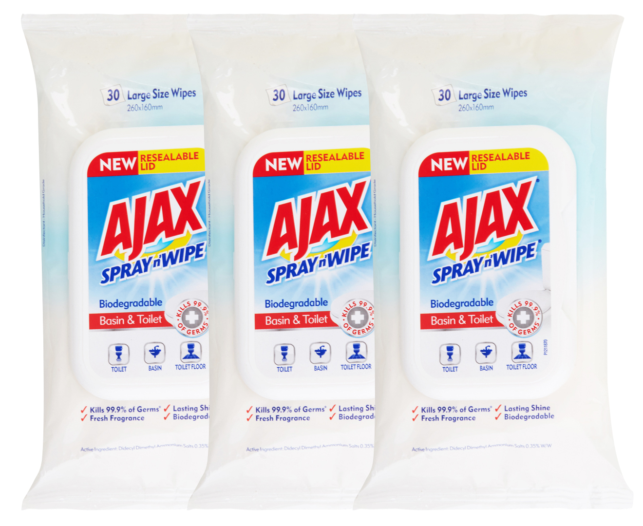 3 x Ajax Spray 'n Wipe Biodegradable Basin & Toilet Wipes 30pk