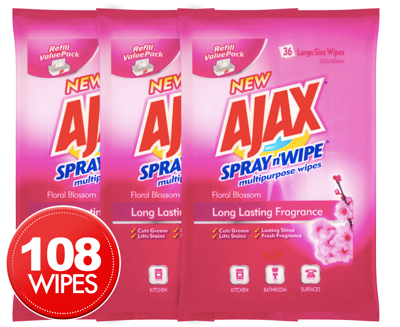 3 x Ajax Spray n' Wipe Multipurpose Wipe 36pk