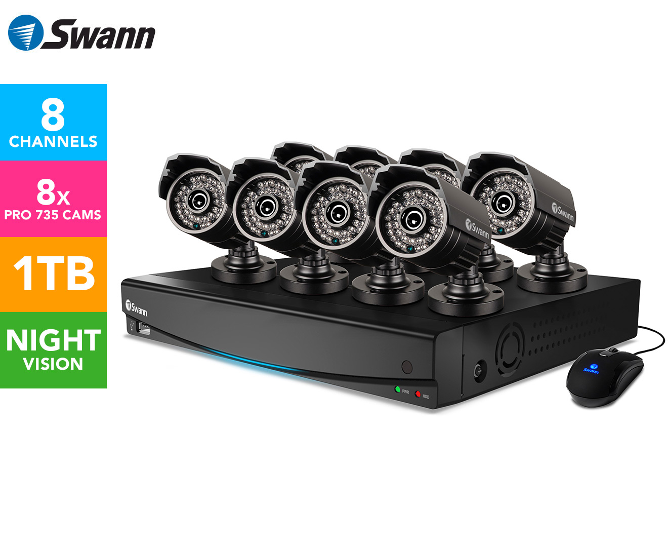 Swann DVR8-3425 8-Channel Bullet DVR w/ 8 x Pro-735 Cameras - Black