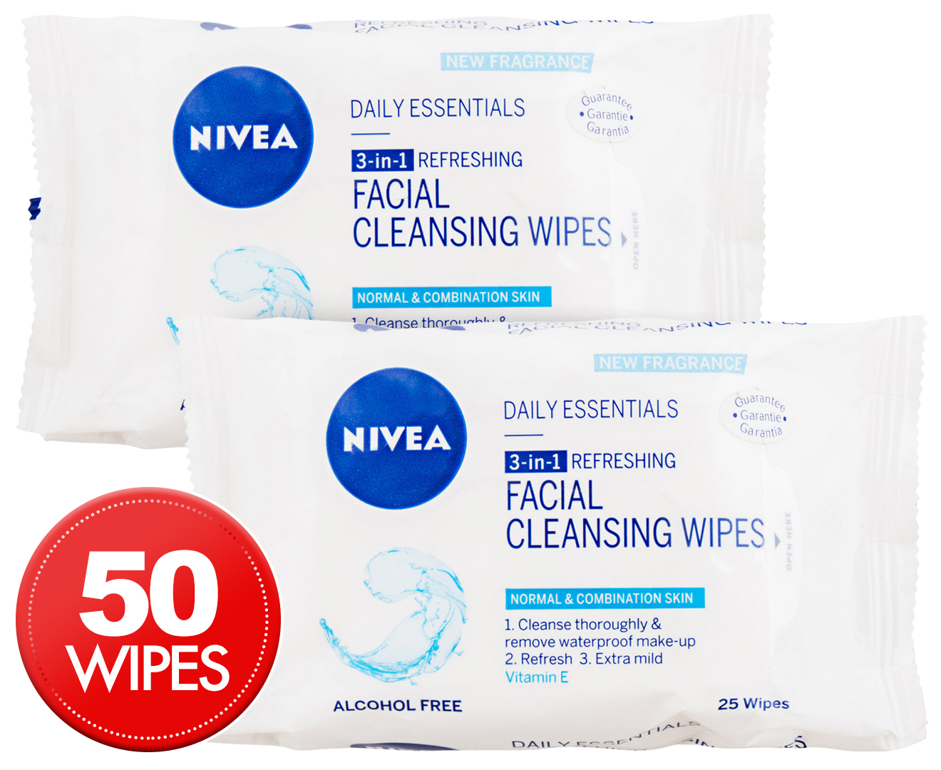 2 x Nivea 3-in-1 Facial Cleansing Wipes for Normal & Combination Skin 25pk