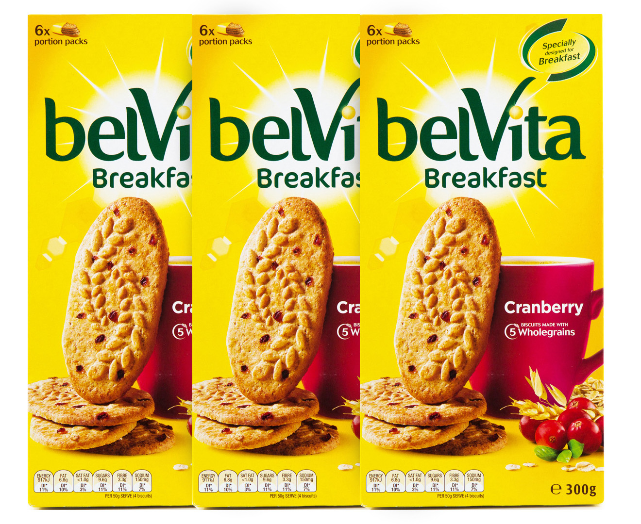 3 x BelVita Breakfast Biscuit Cranberry 300g