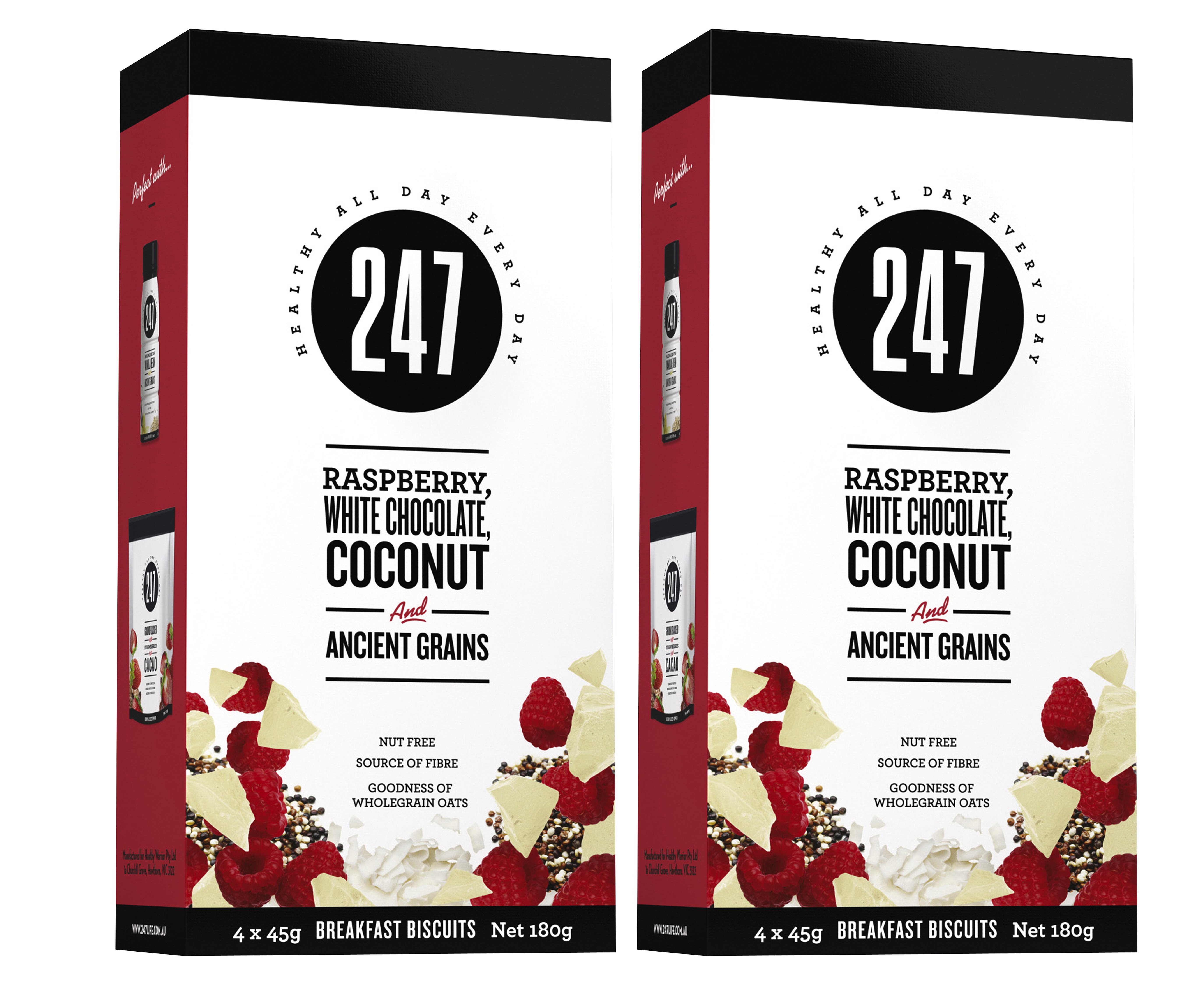 2 x 247 Breakfast Biscuit Raspberry, White Chocolate, Coconut & Ancient Grains 180g
