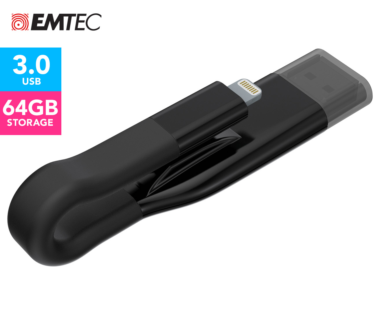 EMTEC iCOBRA2 USB 3.0 2-in-1 64GB Flash Drive - Black