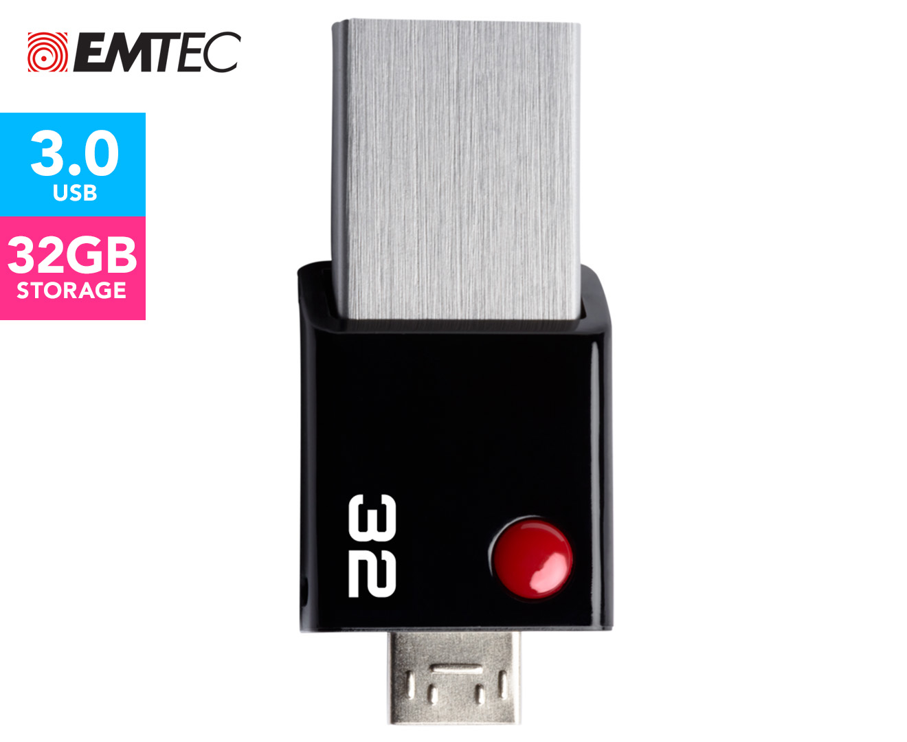 EMTEC Mobile & Go USB 3.0 2-in-1 32GB Flash Drive - Black/Steel