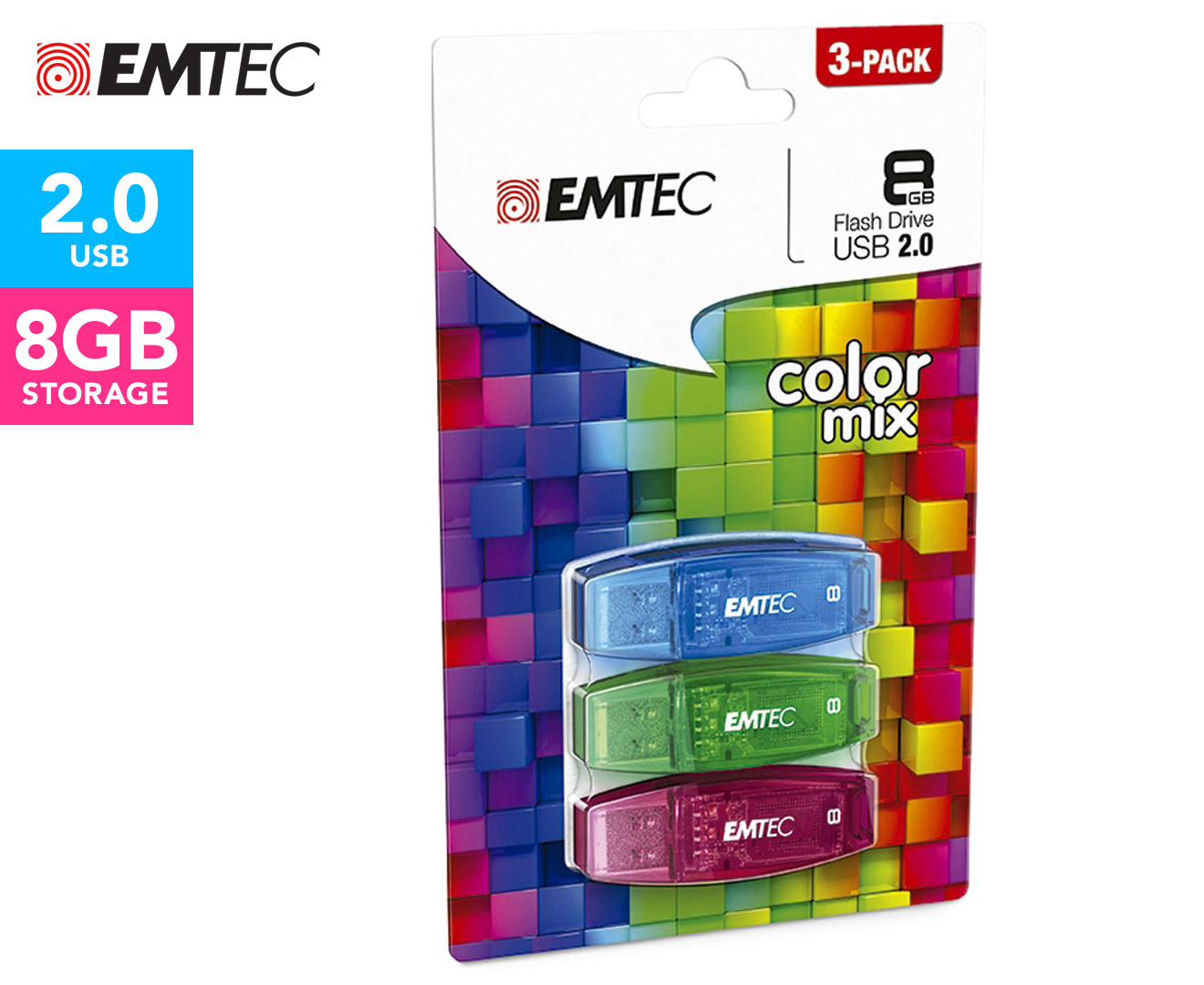 EMTEC C410 Color Mix USB 2.0 8GB Flash Drive 3-Pack - Blue/Green/Plum