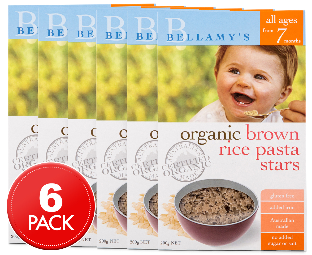 6 x Bellamy's Organic Brown Rice Pasta Stars 200g