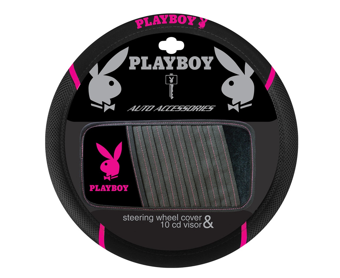 PLAYBOY Steering Wheel Cover + 10-Disc Visor Set - Black/ Metallic Pink