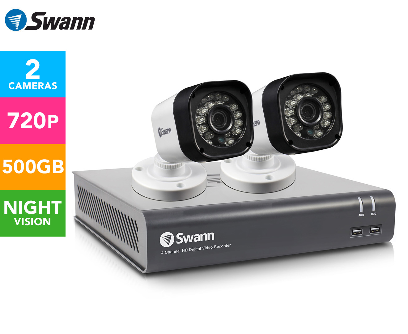 Swann DVR4-1600 4-Channel 720p 500GB Recorder & 2 x PRO-T835 Cameras