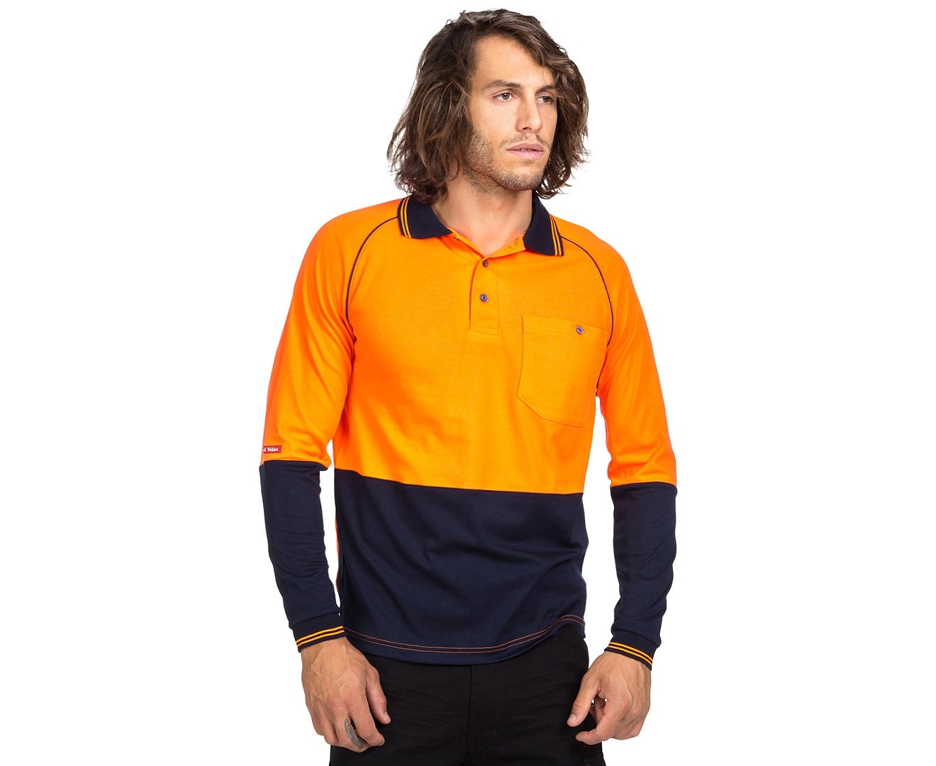 Hard Yakka Men's Koolgear Hi-Visibility Long Sleeve Polo - Orange/Navy