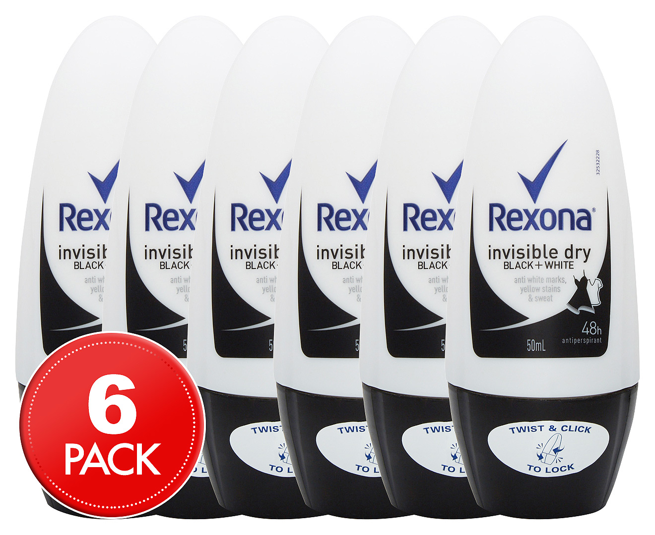 6 x Rexona Invisible Dry Black+White Roll-On Deodorant 50mL
