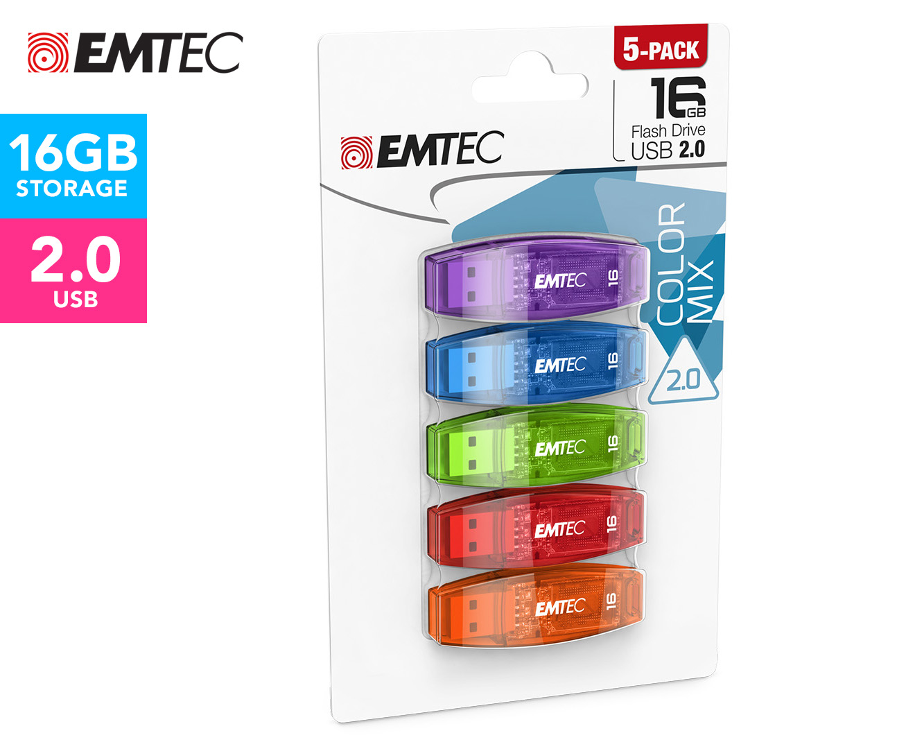 EMTEC 5-Pack C410 Colour Mix 16GB USB 2.0 Flash Drive