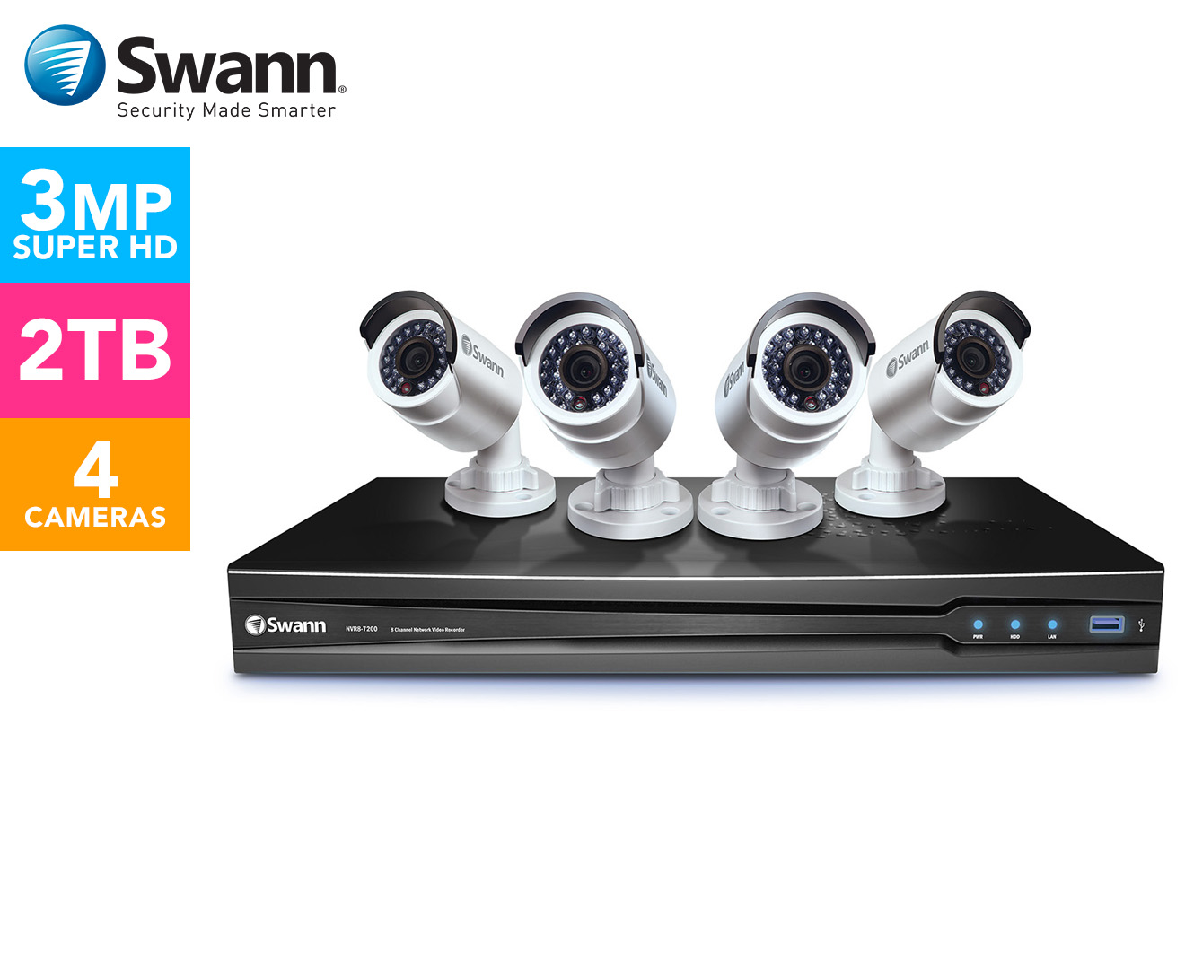 Swann NVR8-7090 8-Channel 3MP Network Viewing Recorder & 4 x NHD-835 Cameras