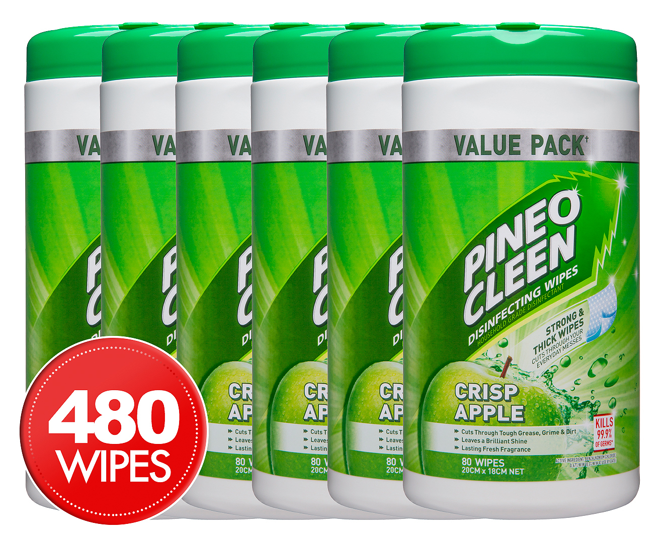 6 x Pine O Cleen Disinfecting Wipes Crisp Apple 80pk